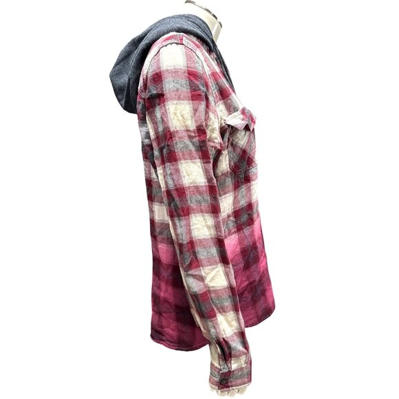 Empyre Hooded Plaid Flannel Shirt Jacket Burgundy Gray Ombre Hoodie Skate Street - Picture 6 of 11